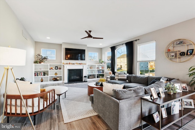 living room featuring wood-type flooring and ceiling fan