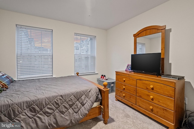 bedroom with light colored carpet