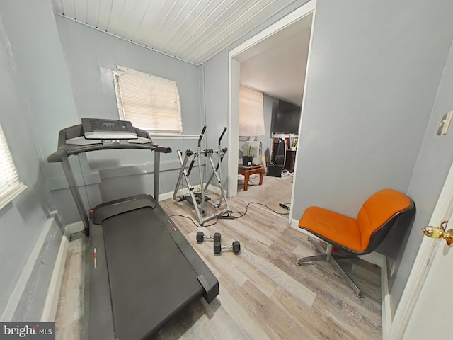 workout room with light hardwood / wood-style flooring