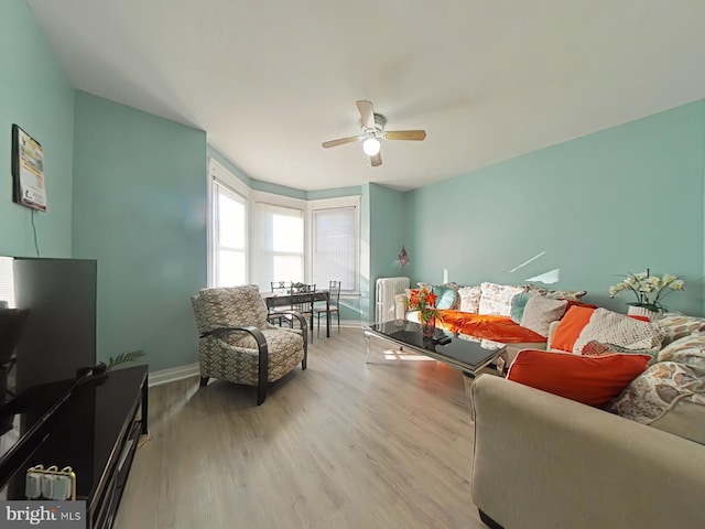 living room featuring ceiling fan and light wood-type flooring