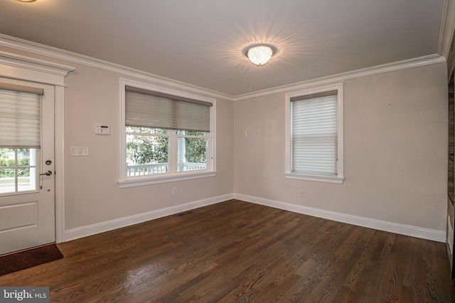 interior space with dark hardwood / wood-style floors and crown molding