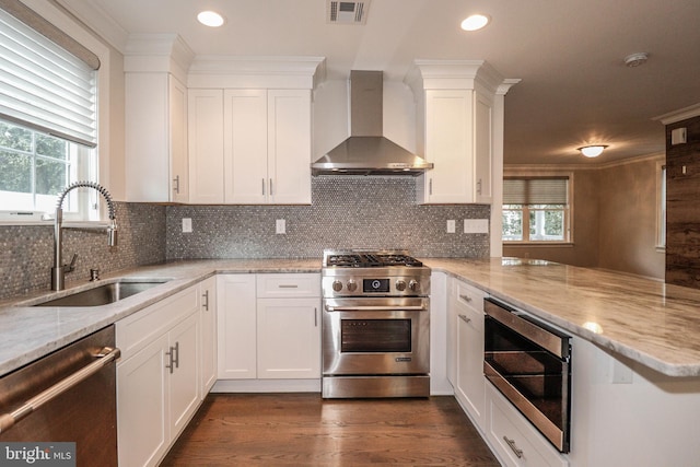 kitchen featuring white cabinetry, sink, wall chimney range hood, and stainless steel appliances