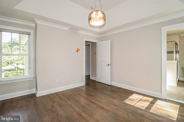 unfurnished room with ornamental molding and dark wood-type flooring