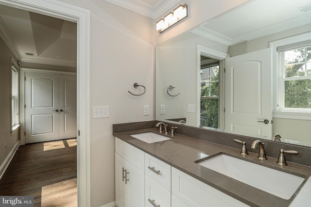 bathroom featuring wood-type flooring, vanity, and ornamental molding