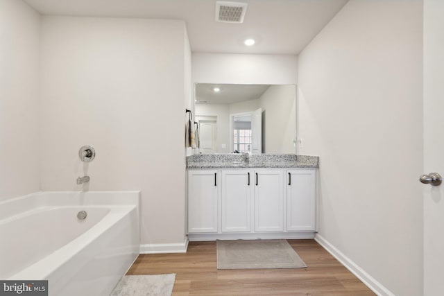 bathroom featuring a bathing tub, vanity, and wood-type flooring