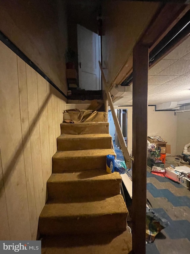 staircase featuring wood walls and concrete flooring