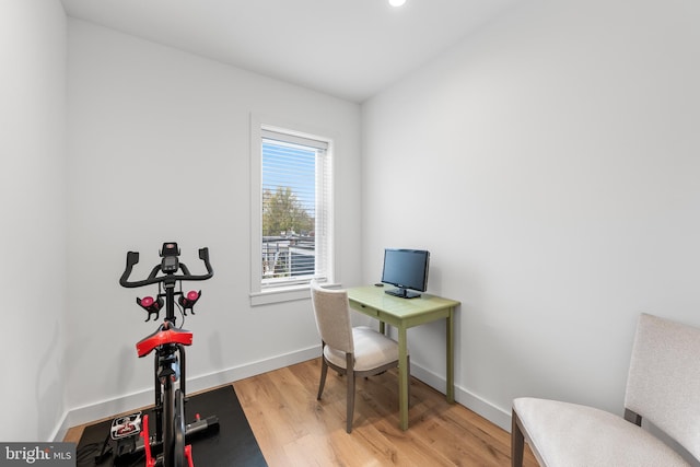 office area with light hardwood / wood-style flooring