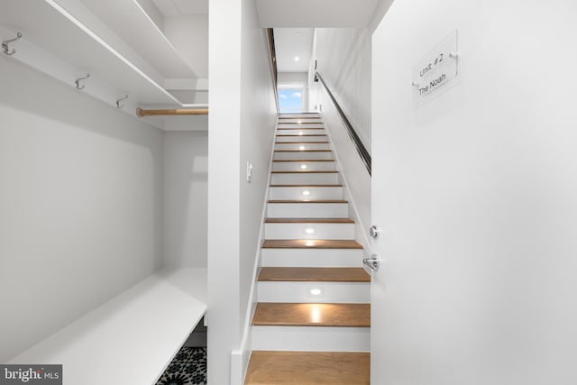 stairs featuring wood-type flooring