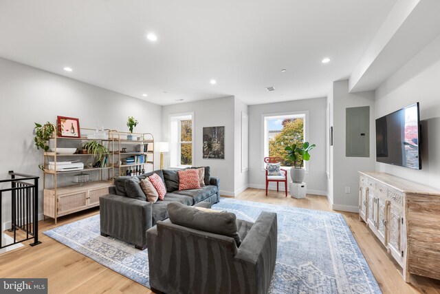 living room with light wood-type flooring and electric panel