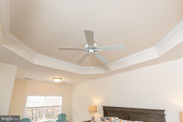 interior details with a tray ceiling and ornamental molding