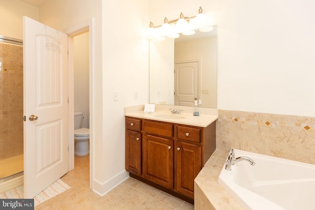 full bathroom featuring tile patterned flooring, vanity, independent shower and bath, and toilet