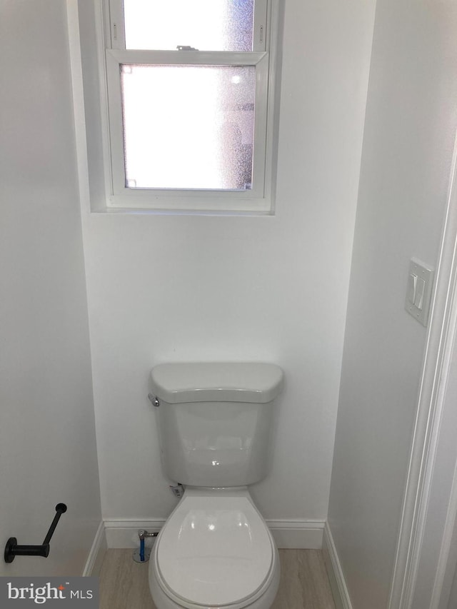 bathroom with hardwood / wood-style flooring, toilet, and a wealth of natural light