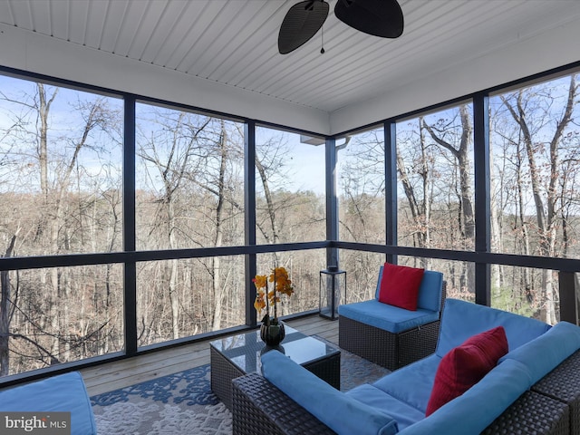 sunroom / solarium featuring ceiling fan and wooden ceiling