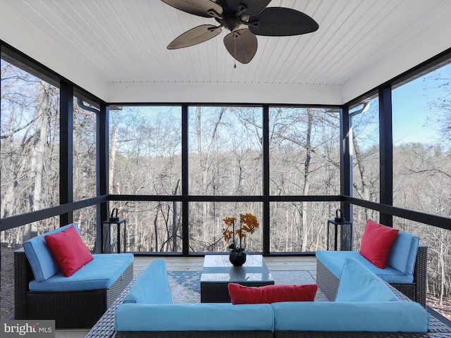 sunroom / solarium with wood ceiling, ceiling fan, and a healthy amount of sunlight