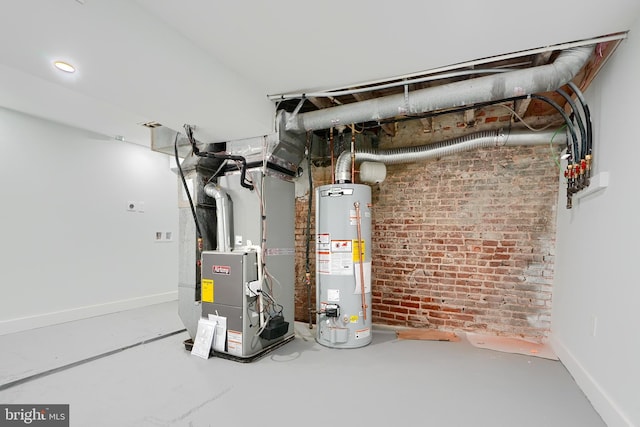 utility room with gas water heater and heating unit