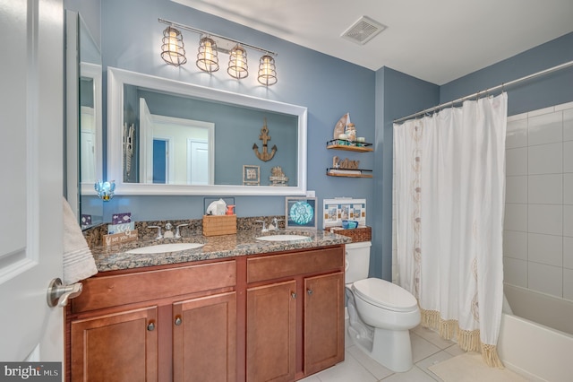 full bathroom featuring tile patterned flooring, vanity, toilet, and shower / bathtub combination with curtain