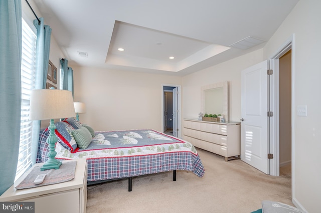 bedroom with a raised ceiling and light carpet