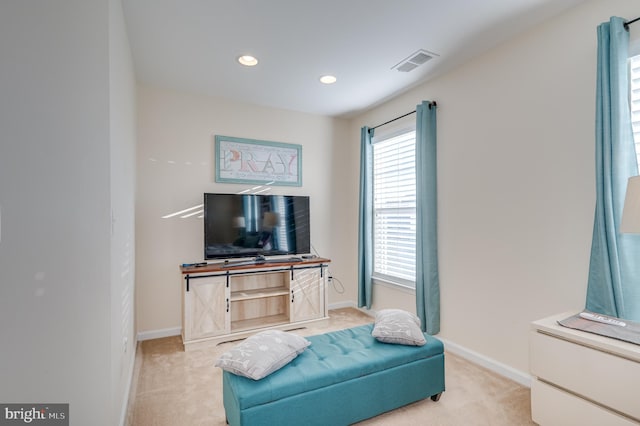 sitting room with light colored carpet