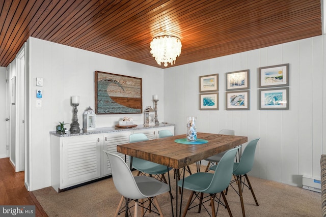 dining room featuring a notable chandelier, wood-type flooring, and wooden ceiling