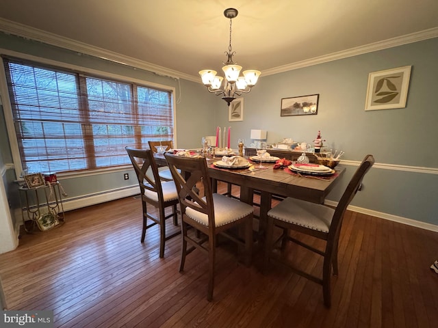 dining room with dark wood-type flooring, a baseboard heating unit, and ornamental molding