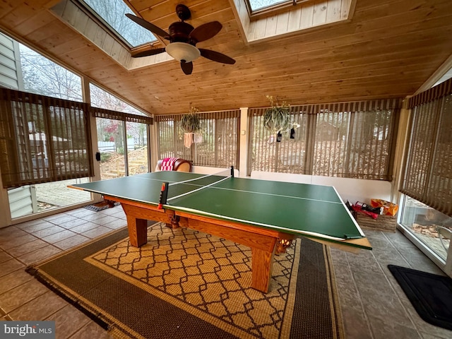 rec room featuring ceiling fan, plenty of natural light, wooden ceiling, and lofted ceiling with skylight