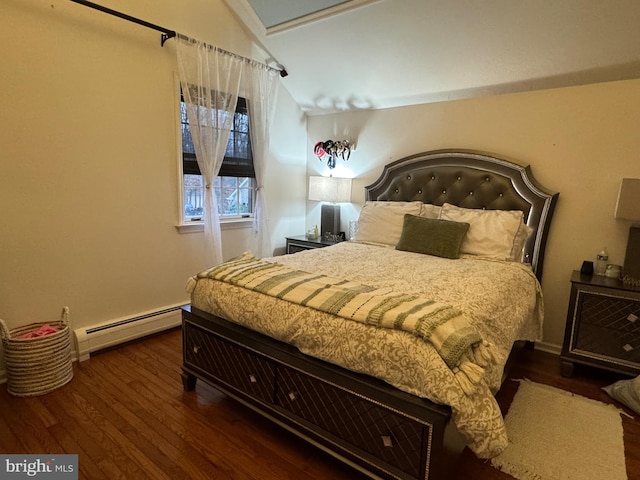 bedroom with a baseboard radiator, vaulted ceiling, and dark wood-type flooring