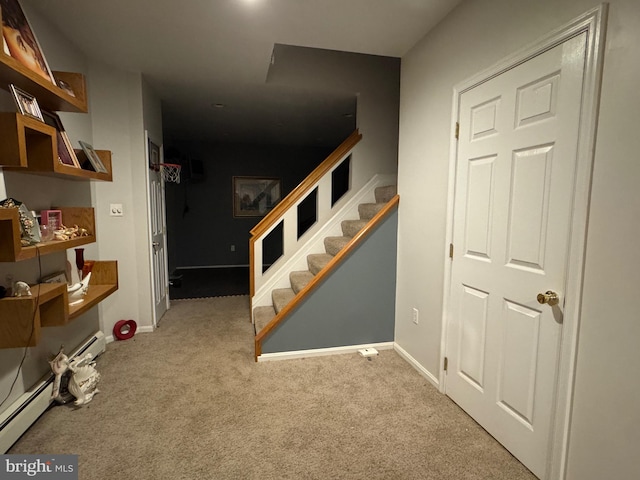 staircase featuring carpet flooring