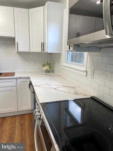 kitchen featuring white cabinets, dark hardwood / wood-style floors, tasteful backsplash, light stone counters, and stainless steel appliances