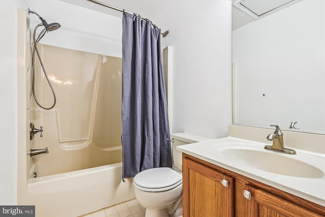 full bathroom featuring tile patterned flooring, vanity, toilet, and shower / bath combo with shower curtain