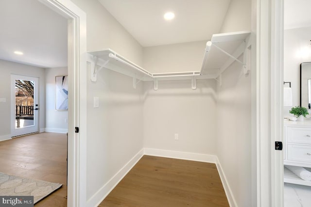 walk in closet with hardwood / wood-style flooring