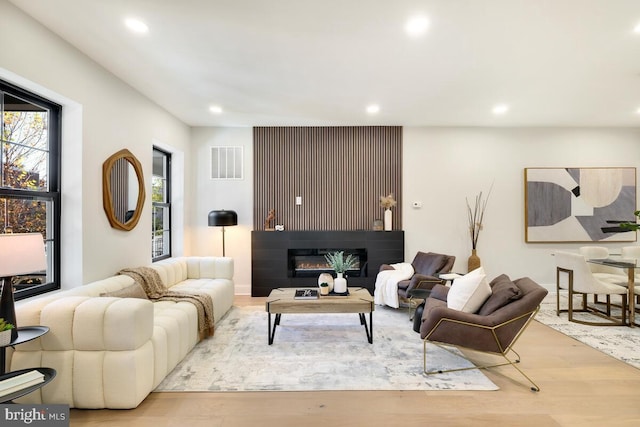 living room featuring a fireplace and light wood-type flooring