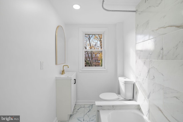 bathroom featuring a bathtub, vanity, and toilet