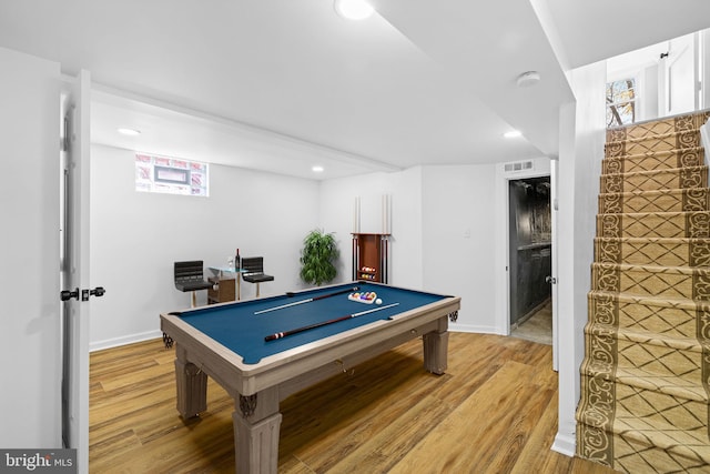 rec room with wood-type flooring and pool table