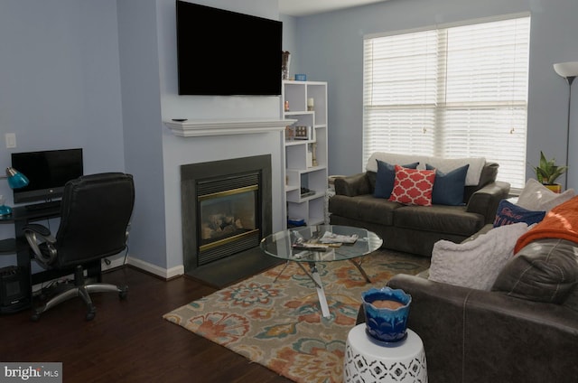 living room featuring dark wood-type flooring