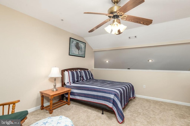 carpeted bedroom featuring vaulted ceiling and ceiling fan