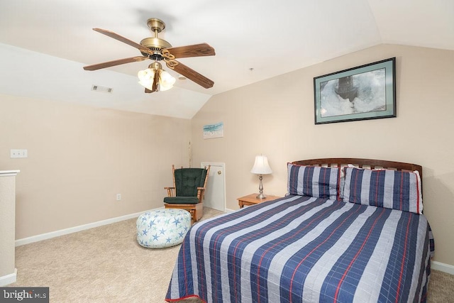 bedroom featuring ceiling fan, carpet, and vaulted ceiling