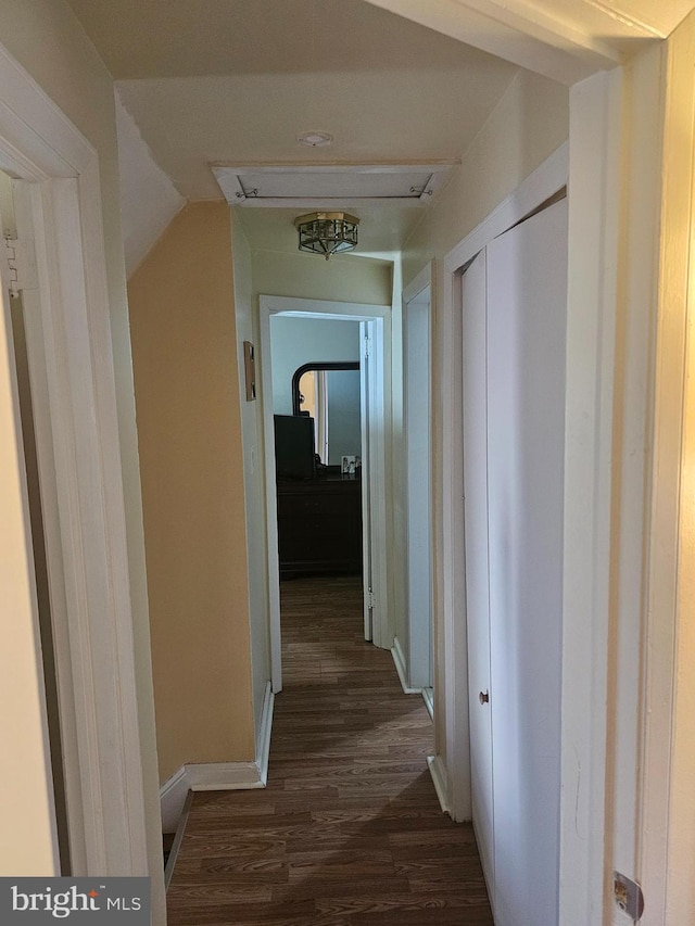 hallway featuring dark hardwood / wood-style flooring and vaulted ceiling