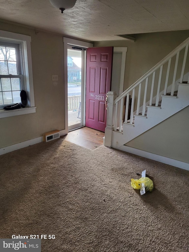 carpeted entrance foyer with a textured ceiling and a wealth of natural light