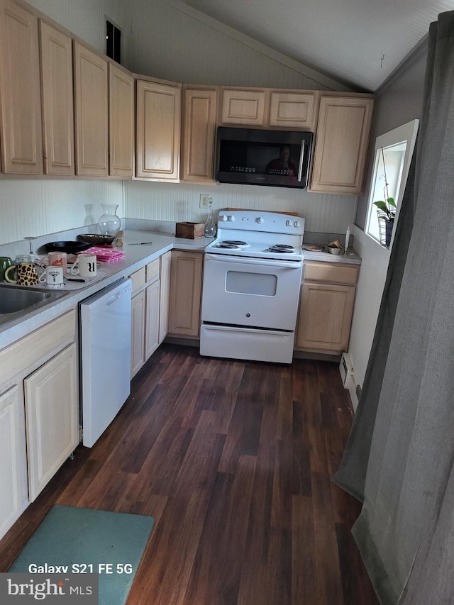 kitchen with dark hardwood / wood-style floors, a baseboard heating unit, lofted ceiling, white appliances, and light brown cabinetry