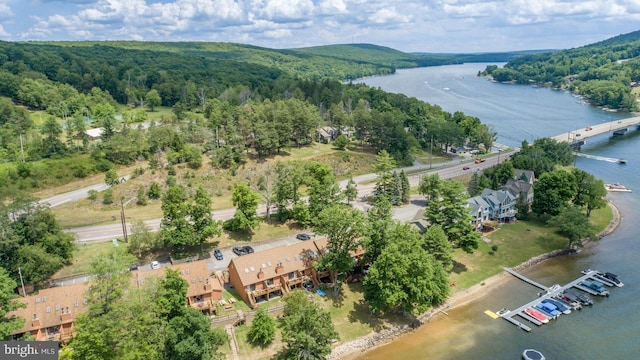 drone / aerial view featuring a water view