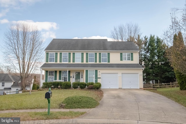 view of front of house featuring a front lawn, a porch, and a garage