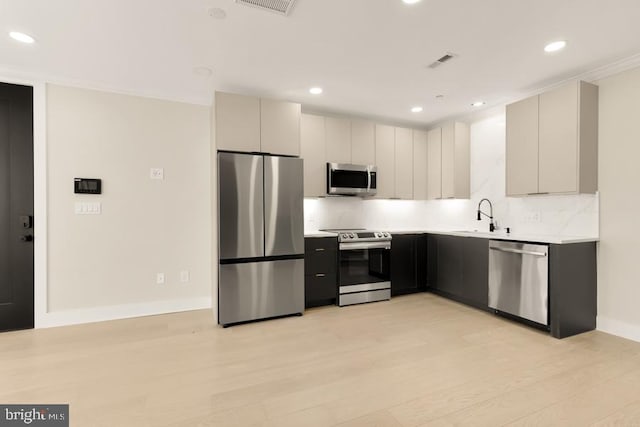 kitchen featuring gray cabinetry, sink, backsplash, appliances with stainless steel finishes, and light wood-type flooring