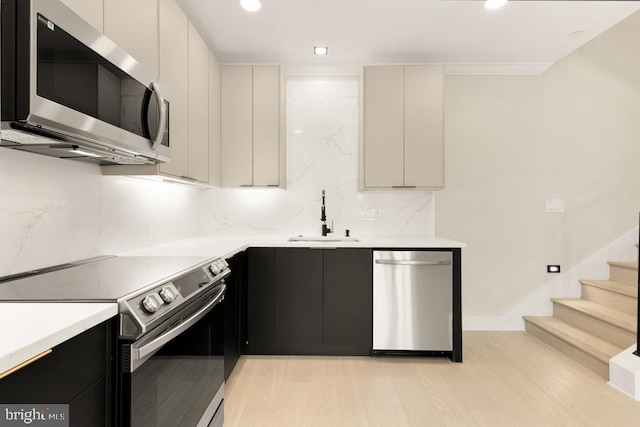 kitchen featuring tasteful backsplash, sink, appliances with stainless steel finishes, and light hardwood / wood-style flooring