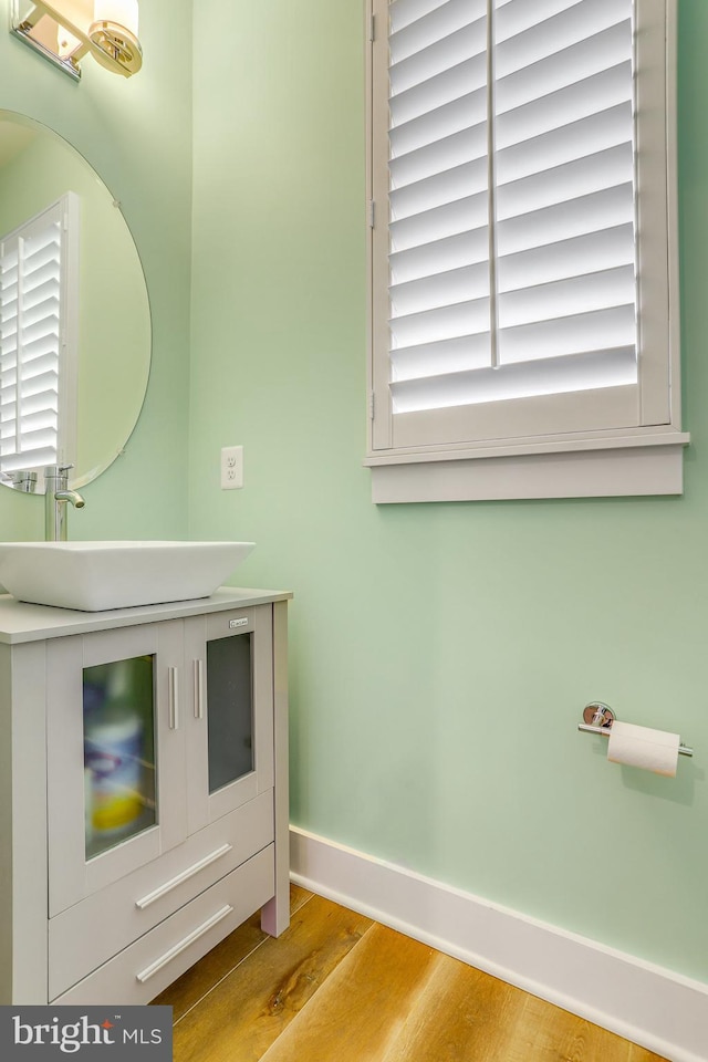 bathroom with wood-type flooring and vanity