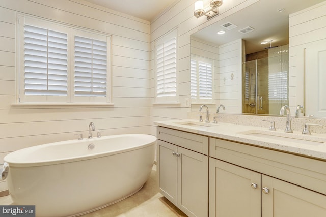 bathroom with separate shower and tub, wood walls, and vanity