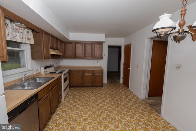 325 Great Oak Dr, Middletown, DE 19709 - kitchen featuring white range with electric cooktop, dishwasher, a sink, light countertops, and a chandelier