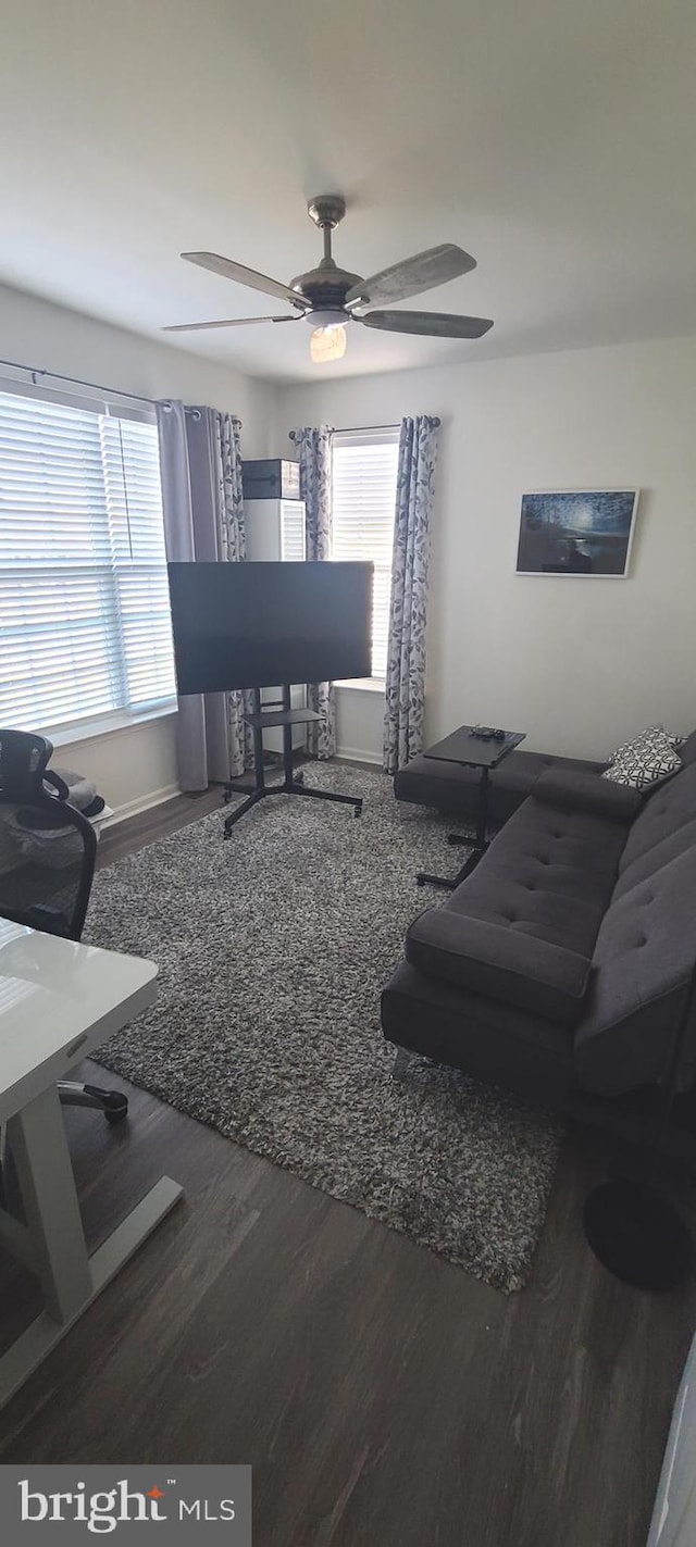 living room featuring hardwood / wood-style floors and ceiling fan