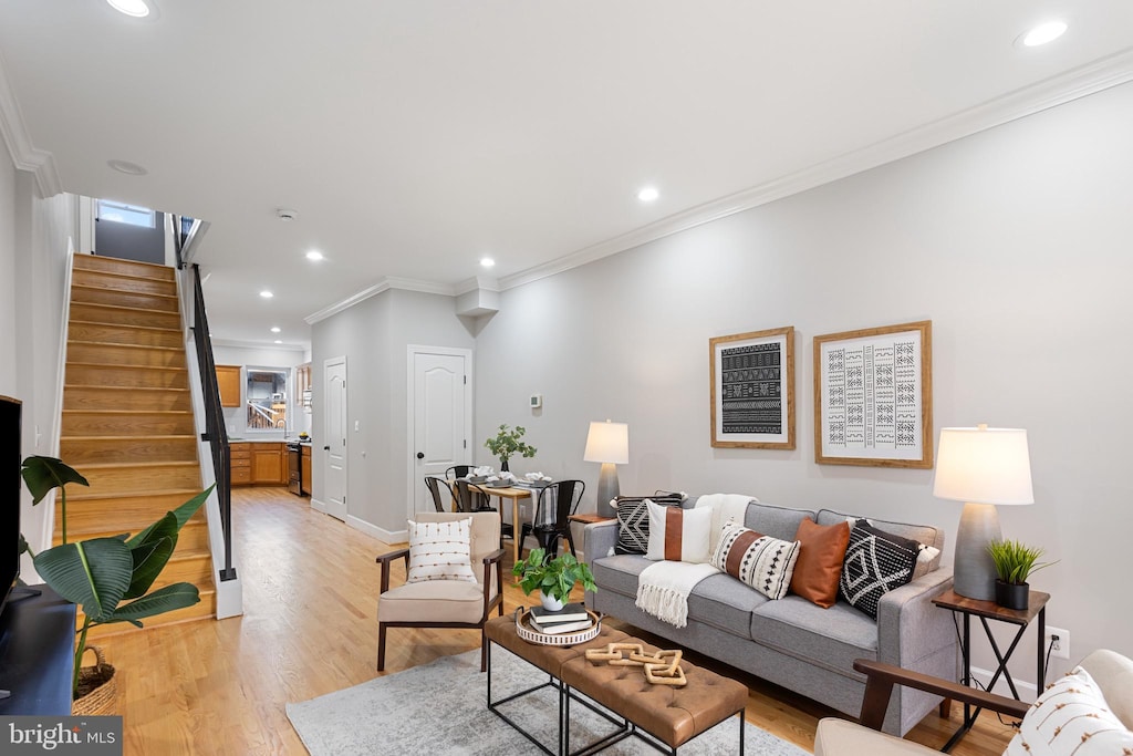 living room featuring crown molding and light wood-type flooring