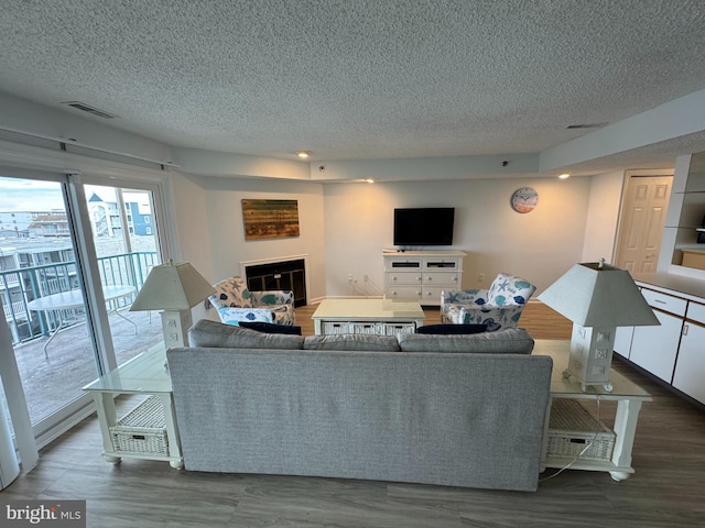 living room featuring dark hardwood / wood-style flooring and a textured ceiling