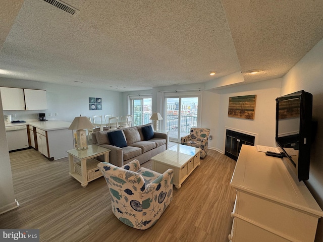 living room featuring a textured ceiling and light wood-type flooring